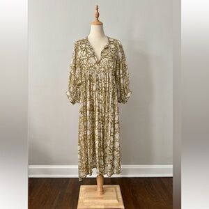 Daughters of India, Kyra Olive Floral Midi Ruffled Wrap Dress